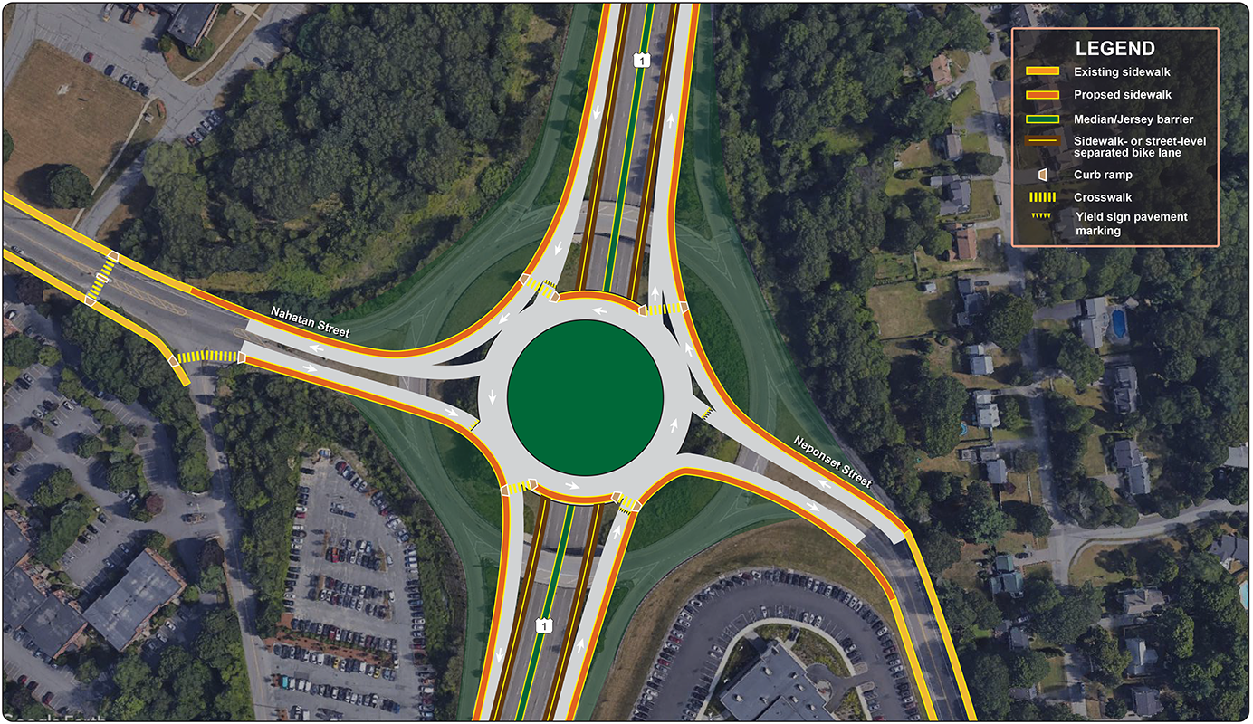 Figure 31
Route 1 at Pendergast Circle: Alternative 3—Convert to a Roundabout
Figure 31 is an aerial photo showing Pendergast Circle and proposed improvements, including a conversion of the Circle to a roundabout.
